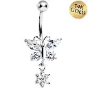 16 Gauge Solid 14kt White Gold CZ Flower Butterfly Belly Ring 