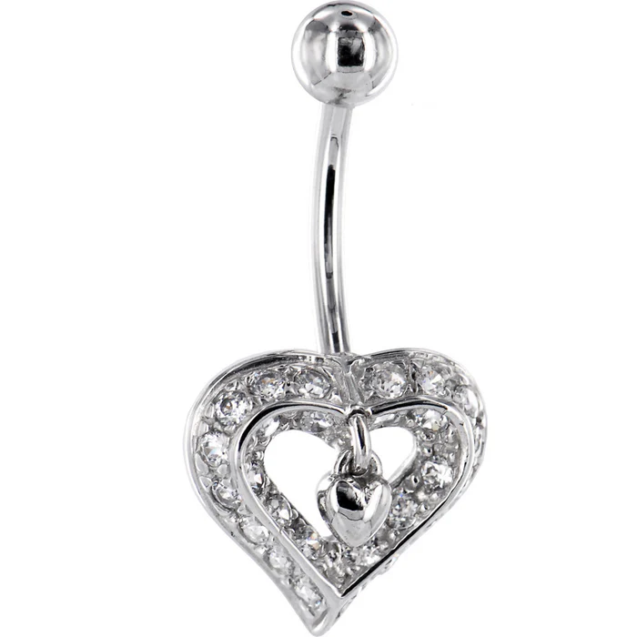 16 Gauge Solid 14KT White Gold Cubic Zirconia CHARMING HEART Belly Ring 