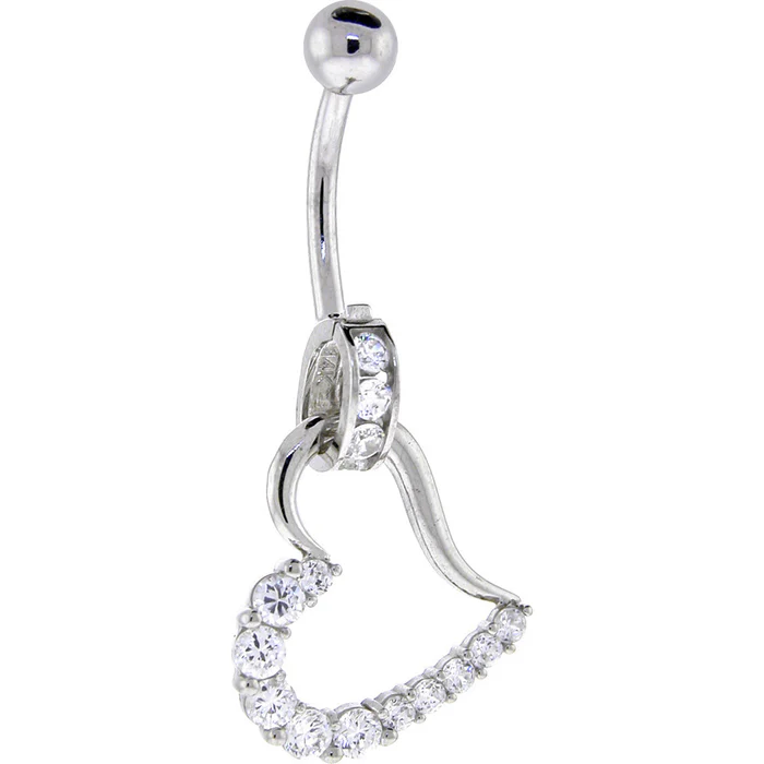 16 Gauge Solid 14KT White Gold Cubic Zirconia HOLLOW HEART CHARM Belly Ring