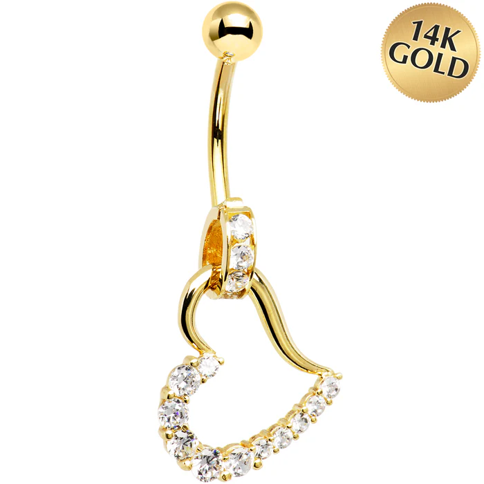 16 Gauge Solid 14KT Yellow Gold Cubic Zirconia HOLLOW HEART CHARM Belly Ring