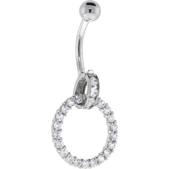16 Gauge Solid 14KT White Gold Cubic Zirconia CIRCLE CHARM Belly Ring