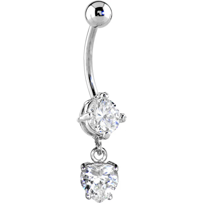 16 Gauge Solid 14kt White Gold Cubic Zirconia Solitaire Round Heart Dangle Belly Ring 