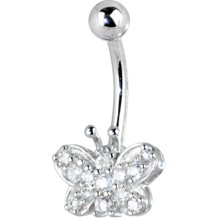 16 Gauge Solid 14kt White Gold Cubic Zirconia Butterfly Dreams Belly Ring