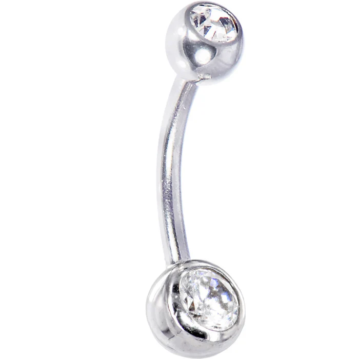16 Gauge Solid 14kt White Gold Cubic Zirconia Double Gem Belly Ring