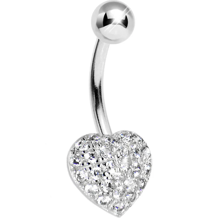 16 Gauge Solid 14kt White Gold Cubic Zirconia Paved Heart Belly Ring