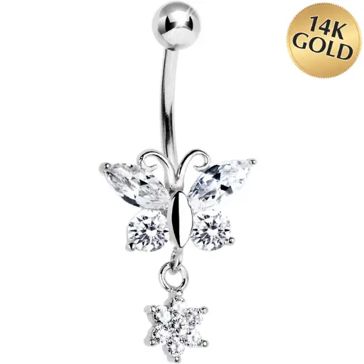 16 Gauge Solid 14kt White Gold CZ Flower Butterfly Belly Ring 