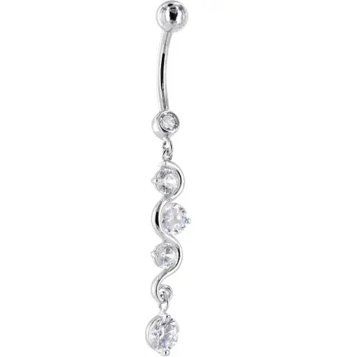 16 Gauge Solid 14KT White Gold SCROLL DELIGHT Cubic Zirconia Belly Ring