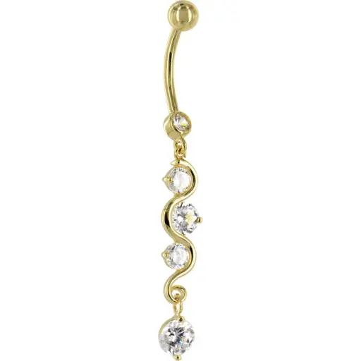 16 Gauge Solid 14KT Yellow Gold SCROLL DELIGHT Cubic Zirconia Belly Ring