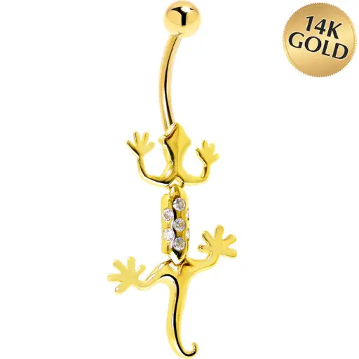 16 Gauge Solid 14KT Yellow Gold Cubic Zirconia Izzy Lizzy Belly Ring