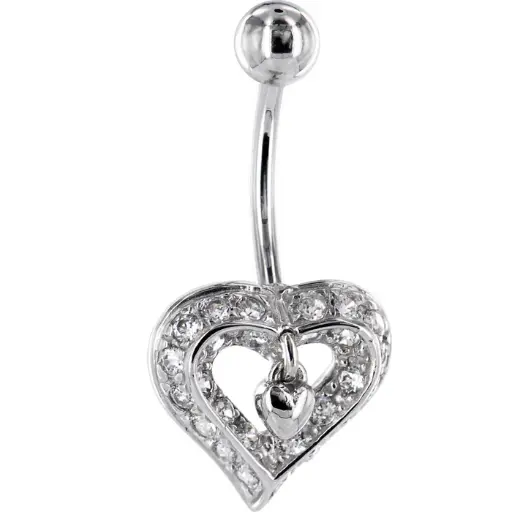 16 Gauge Solid 14KT White Gold Cubic Zirconia CHARMING HEART Belly Ring 