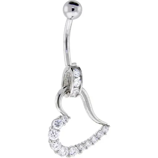 16 Gauge Solid 14KT White Gold Cubic Zirconia HOLLOW HEART CHARM Belly Ring