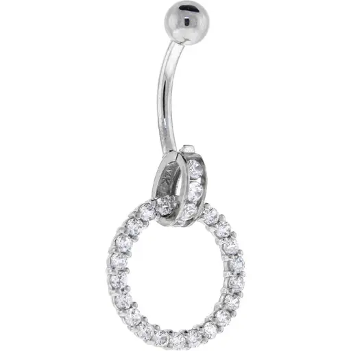 16 Gauge Solid 14KT White Gold Cubic Zirconia CIRCLE CHARM Belly Ring