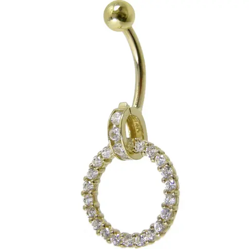 16 Gauge Solid 14KT Yellow Gold Cubic Zirconia CIRCLE CHARM Belly Ring
