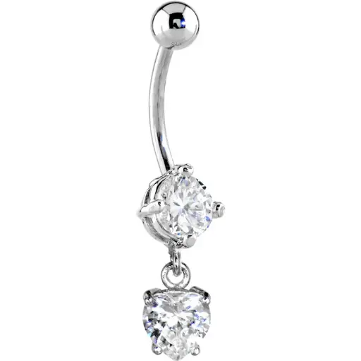 16 Gauge Solid 14kt White Gold Cubic Zirconia Solitaire Round Heart Dangle Belly Ring 