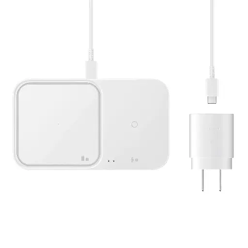 Samsung 15W Super Fast Wireless Charger DUO Pad with Travel Adapter - White - 2 in 1 Stand for Galaxy S23 S22 Ultra, Android Phones, Buds, Smart Watch