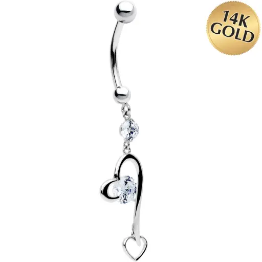 16 Gauge Solid 14KT White Gold Cubic Zirconia HEART FANTASY Dangle Belly Ring 
