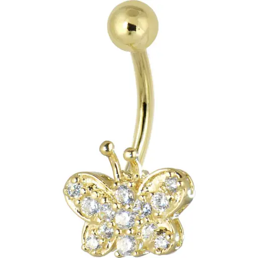 16 Gauge Solid 14kt Yellow Gold Cubic Zirconia Butterfly Dreams Belly Ring