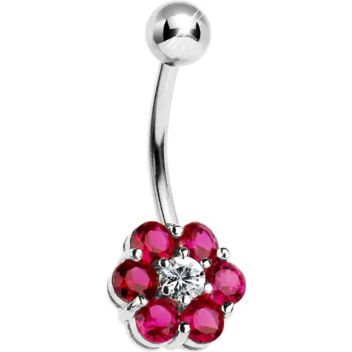 Solid 14kt White Gold Ruby Cubic Zirconia Flower Belly Ring-16 Gauge