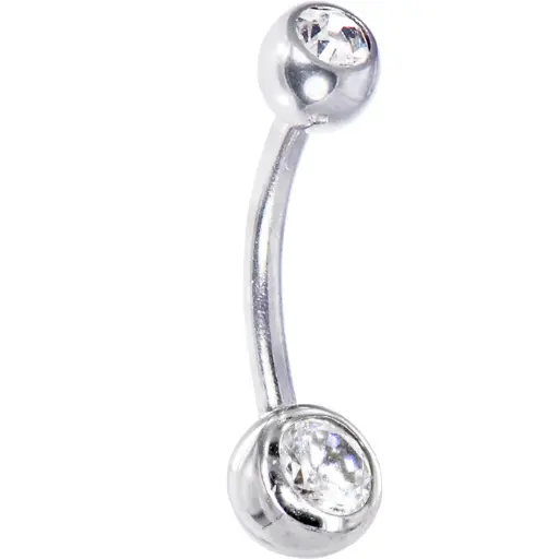 16 Gauge Solid 14kt White Gold Cubic Zirconia Double Gem Belly Ring