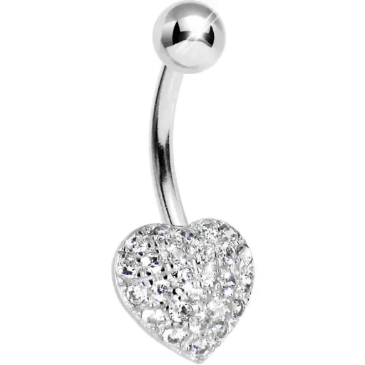16 Gauge Solid 14kt White Gold Cubic Zirconia Paved Heart Belly Ring